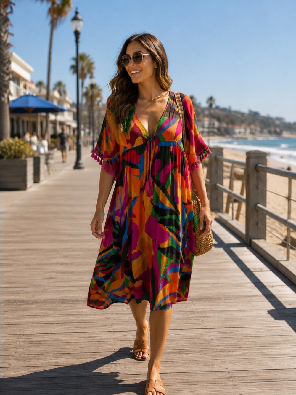 True Destinations Vibrant Colorful Tropical Print‎ Cover Up/Dress. Size Small.